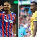 Defender Maxence Lacroix cupping his ear while playing for Crystal Palace and Danny Welbeck concentrating while playing for