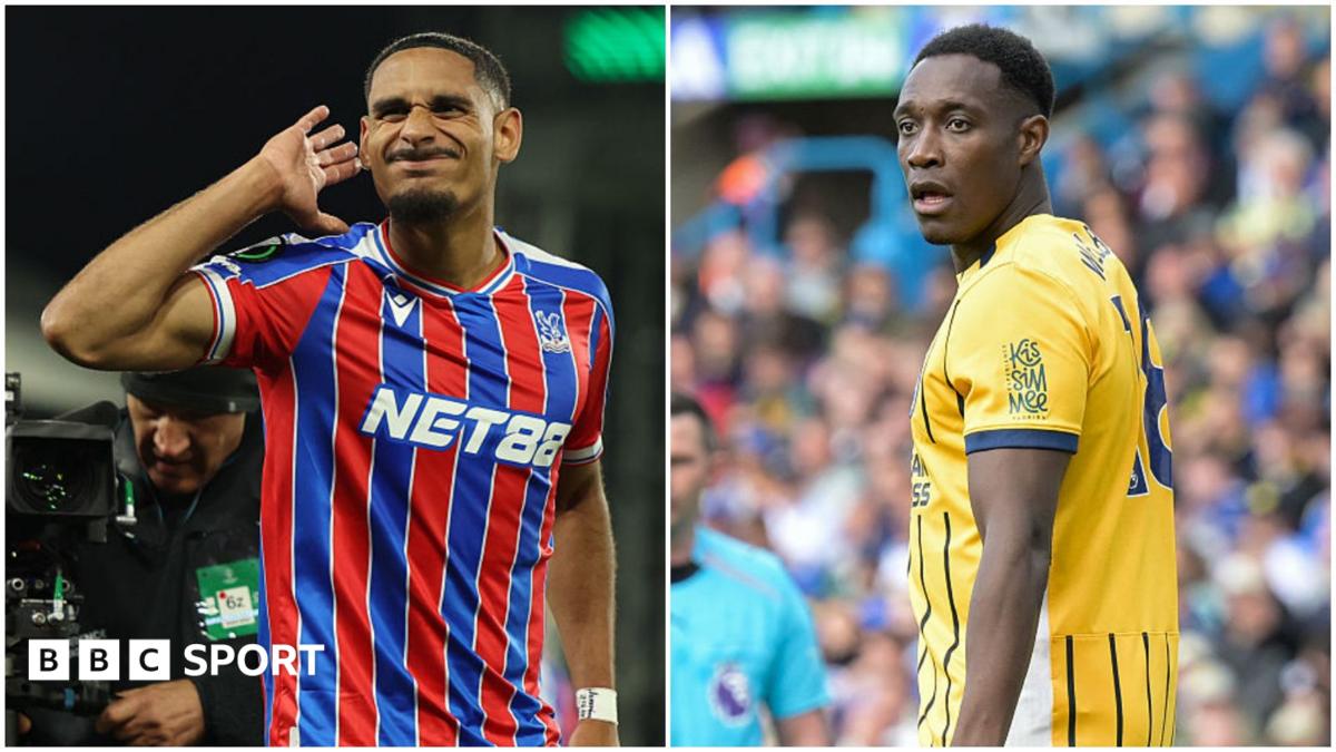 Defender Maxence Lacroix cupping his ear while playing for Crystal Palace and Danny Welbeck concentrating while playing for