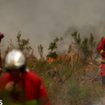 Firefighters of Paris Fire Brigade survey the scene amid the smoke and fire in Marcheprime west of Bordeaux on July 26, 2026