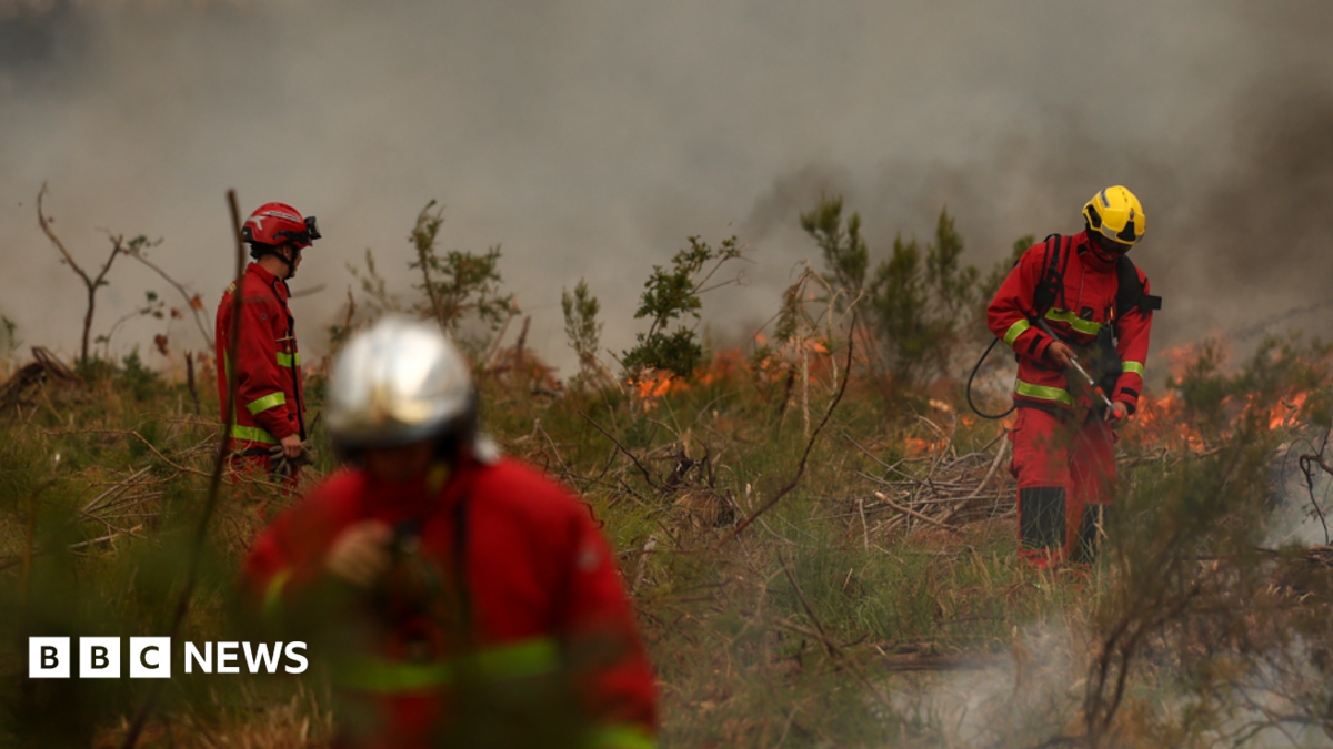 Firefighters of Paris Fire Brigade survey the scene amid the smoke and fire in Marcheprime west of Bordeaux on July 26, 2026