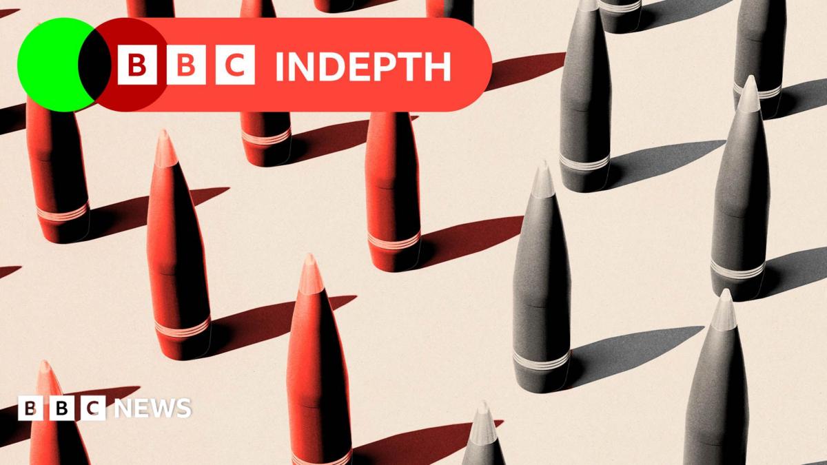 A treated image showing missiles coloured red and grey. They sit against a beige background