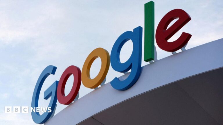 Google's primary-colored logo outside of a building