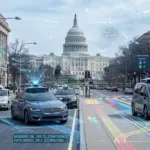 Uber Waymo robotaxi lobbying illustrated by autonomous vehicles traveling near the US Capitol