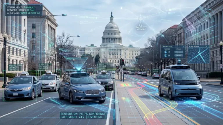 Uber Waymo robotaxi lobbying illustrated by autonomous vehicles traveling near the US Capitol