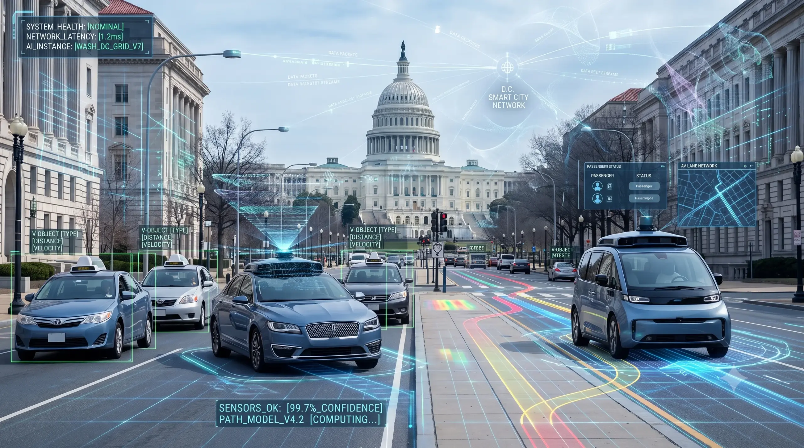 Uber Waymo robotaxi lobbying illustrated by autonomous vehicles traveling near the US Capitol