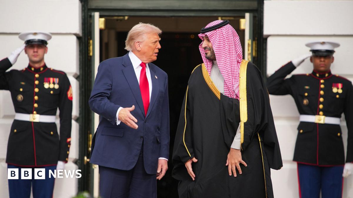 A file picture of Saudi Crown Prince Mohammed bin Salman and Donald Trump standing outside White House, behind them are two
