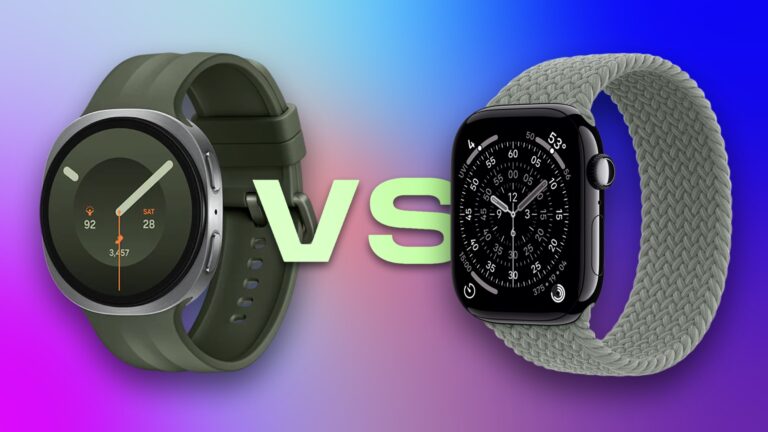 Two smartwatches against a purple background, separated by the text "VS"