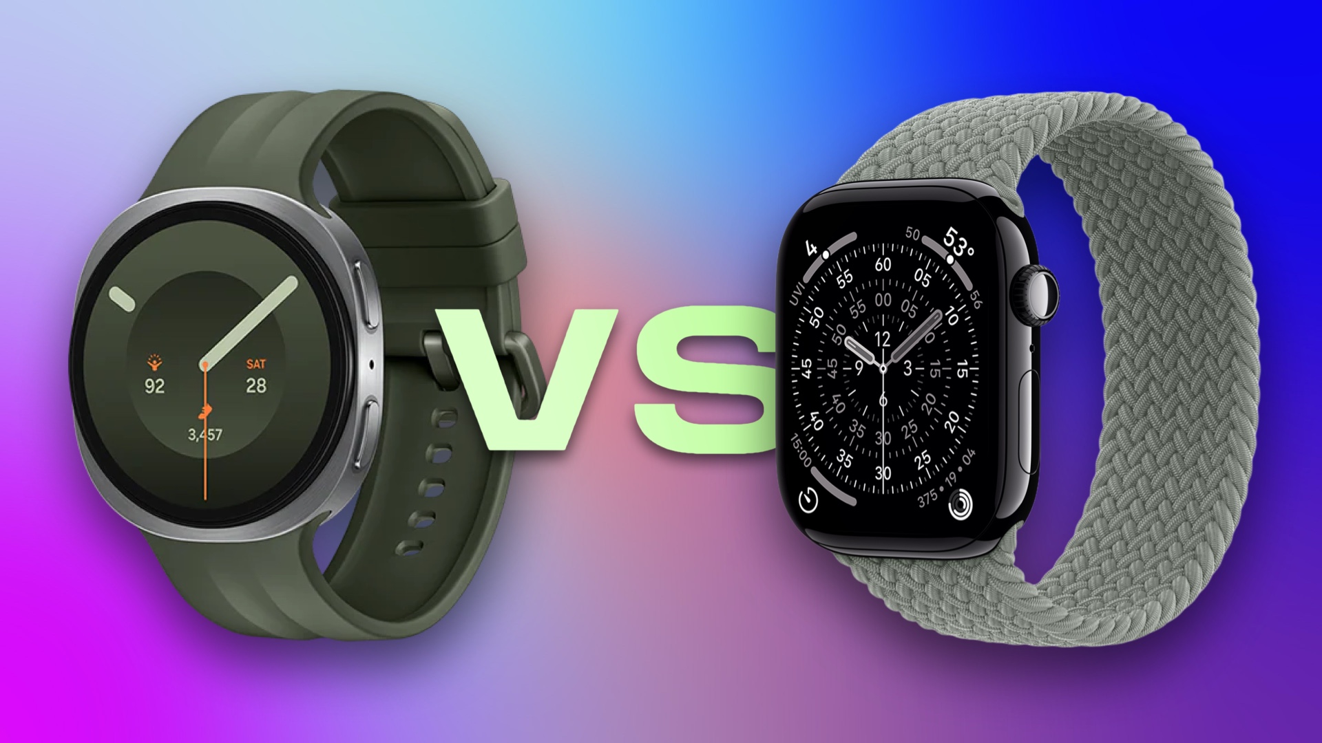 Two smartwatches against a purple background, separated by the text "VS"