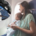 Collage of a happy mother with her baby looking out of an airplane window and another baby crying in a stroller on the