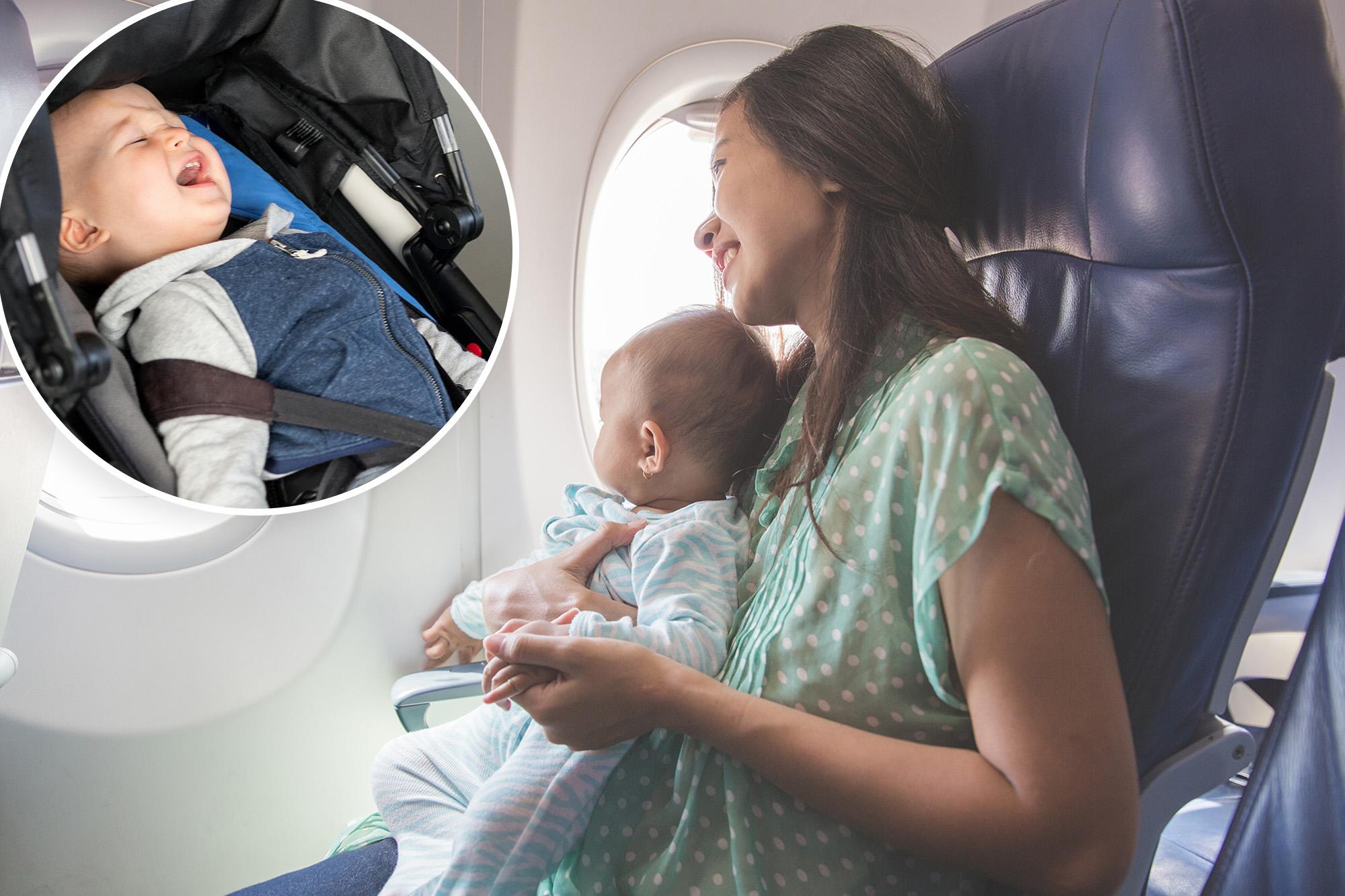 Collage of a happy mother with her baby looking out of an airplane window and another baby crying in a stroller on the