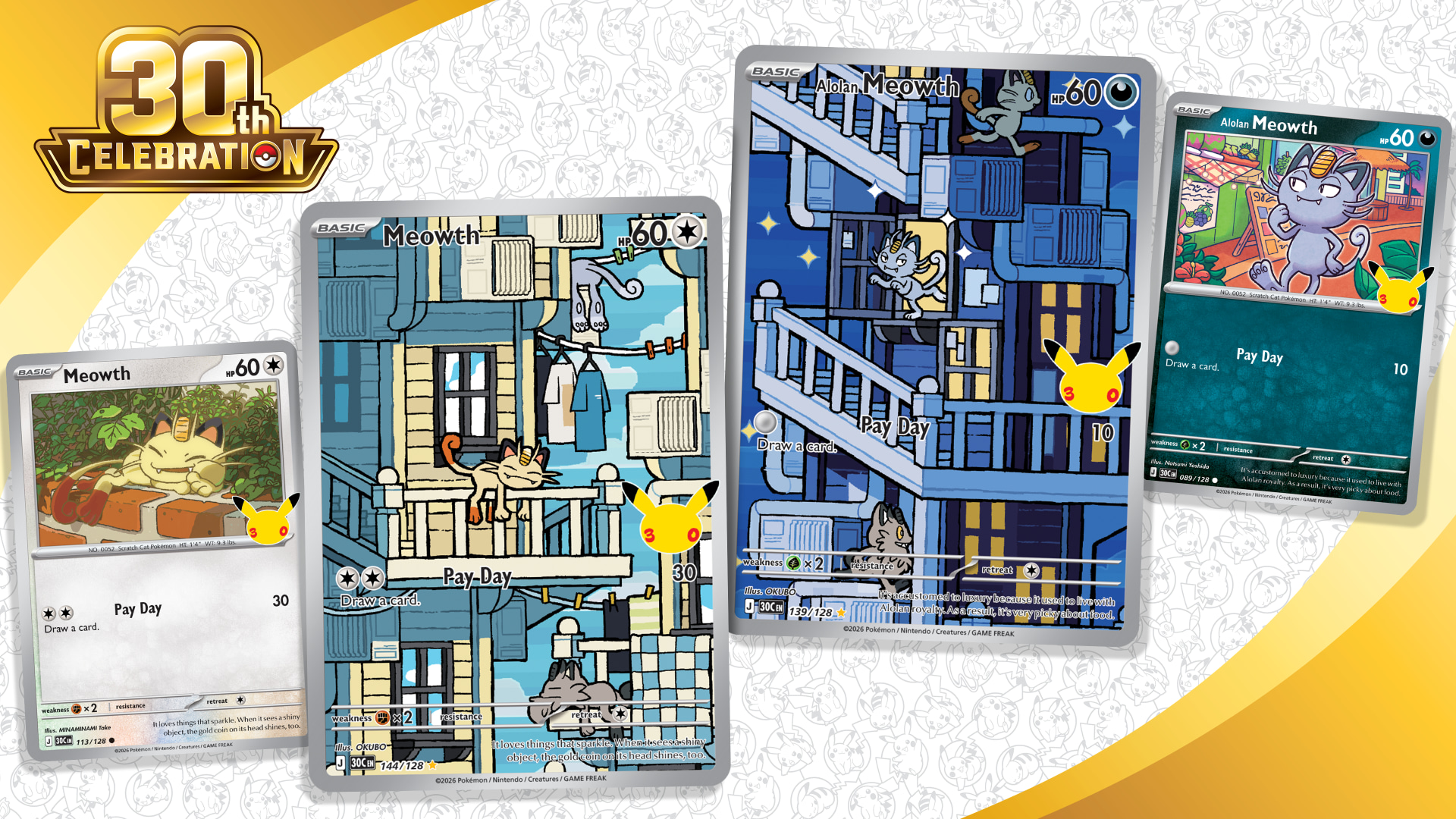 Meowth and Alolan Meowth Revealed for Pokémon TCG 30th Celebration