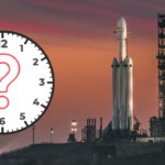 A SpaceX Falcon Heavy rocket on the launch pad with a clock superimposed in the foreground