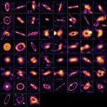 74 different orange ring shapes on fuzzy purple backgrounds, arranged in a grid