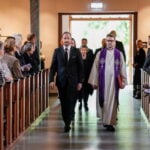 Norway's King Haakon arrives for the mourning service for King Harald in Asker church, Asker, Norway, Sunday Aug. 30, 2026