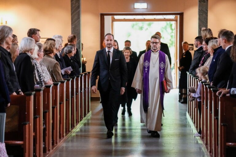 Norway's King Haakon arrives for the mourning service for King Harald in Asker church, Asker, Norway, Sunday Aug. 30, 2026