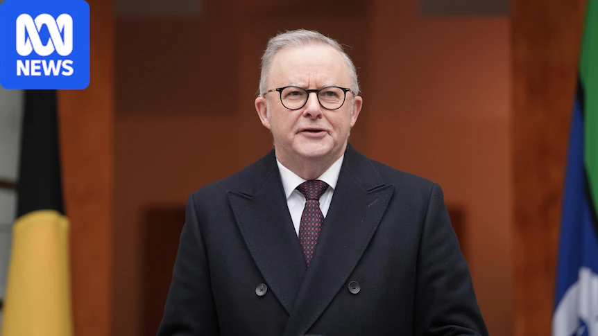 Anthony Albanese, in a dark coat, speaks outside the doors to Parliament