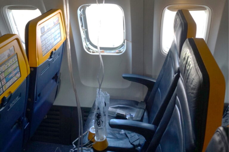 This undated photo provided by the National Transportation Safety Board on Thursday, Aug. 13, 2026, shows the shattered