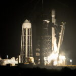 A SpaceX Falcon 9 rocket lifts off from pad 39A with a payload of a pair of lunar landers at the Kennedy Space Center in