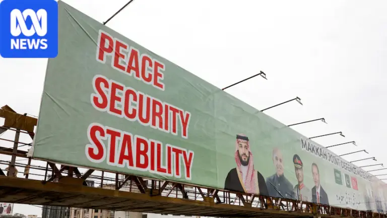 A green billboard, reading 'Peace, Security, Stability'
