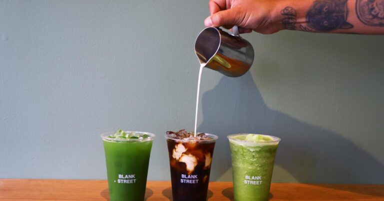 Boston, MA - August 21: Specialty beverages, from left, are Iced Matcha Tea, Cold Brew Coffee, and Blended Lemon Matcha