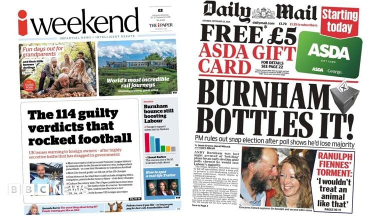 Newspaper headlines: 'Verdicts that rocked football' and 'Burnham bottles it'