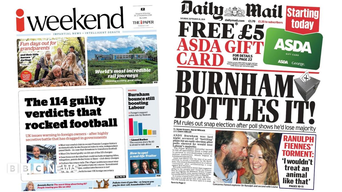 Newspaper headlines: 'Verdicts that rocked football' and 'Burnham bottles it'