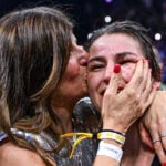 25 November 2023; Katie Taylor celebrates with her mother Bridget Taylor after defeating Chantelle Cameron in their