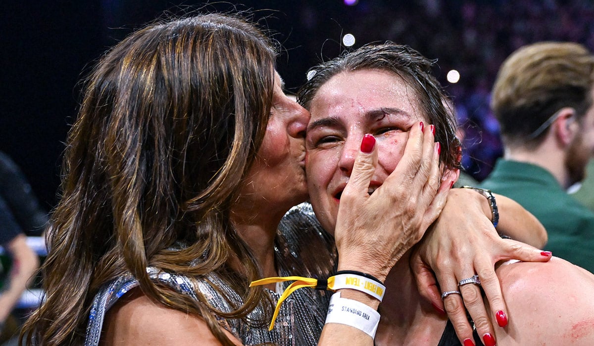 25 November 2023; Katie Taylor celebrates with her mother Bridget Taylor after defeating Chantelle Cameron in their
