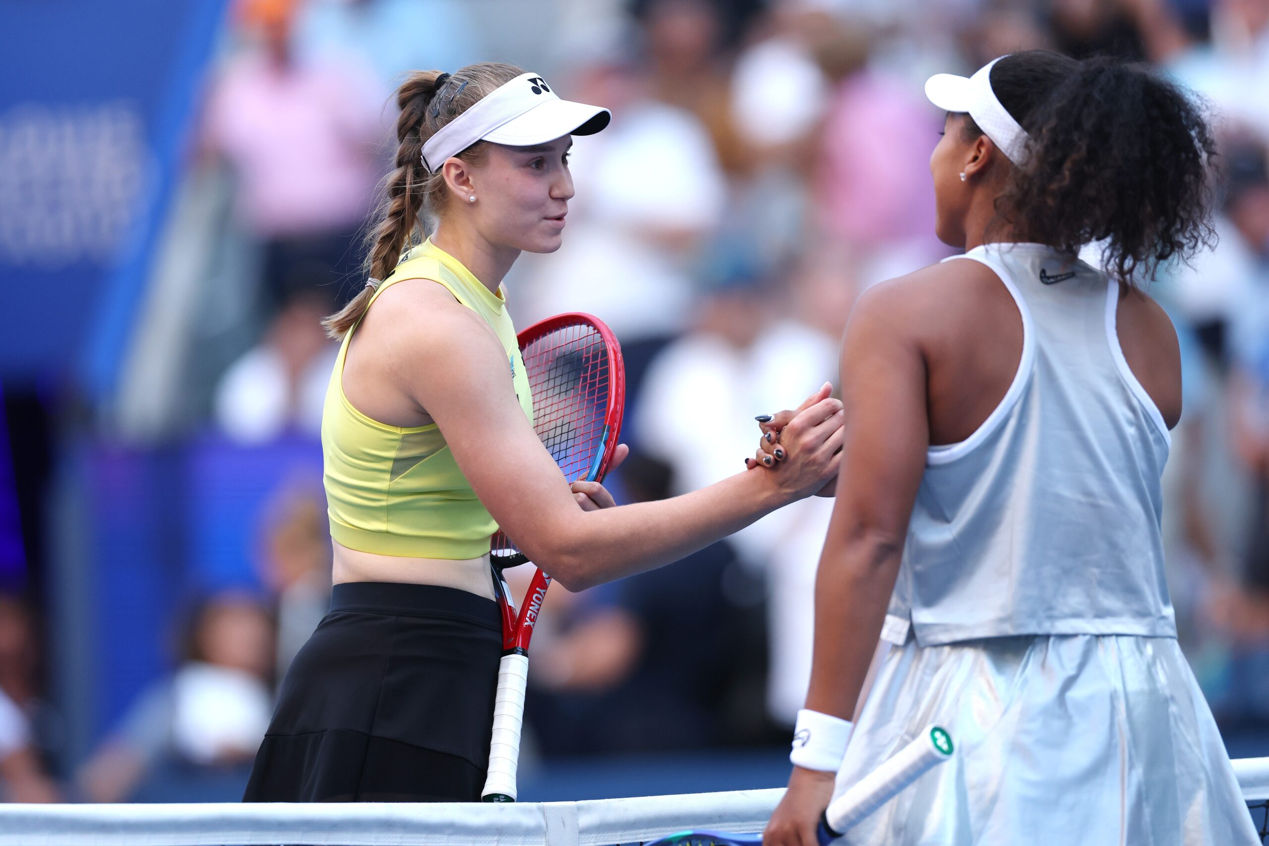 NEW YORK, NEW YORK - SEPTEMBER 07: Elena Rybakina of Kazakhstan shakes hands after a win against Naomi Osaka of Japan during