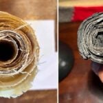 A contemporary papyrus scroll before and after burning in a nearly oxygen-free chamber, which carbonized but did not destroy