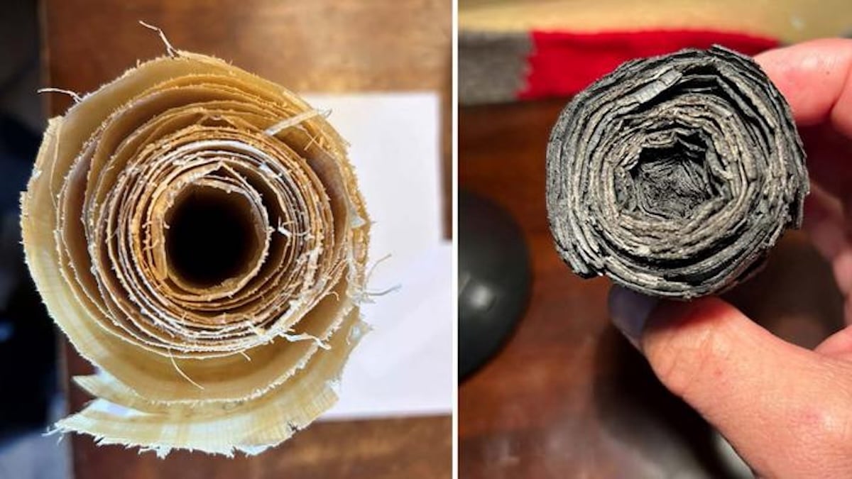 A contemporary papyrus scroll before and after burning in a nearly oxygen-free chamber, which carbonized but did not destroy