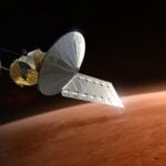 illustration of a large spacecraft orbiting mars