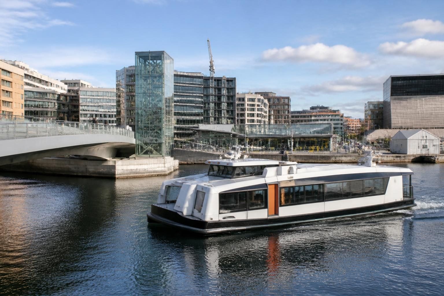 Oslo waterfront with public transport infrastructure in a modern urban setting