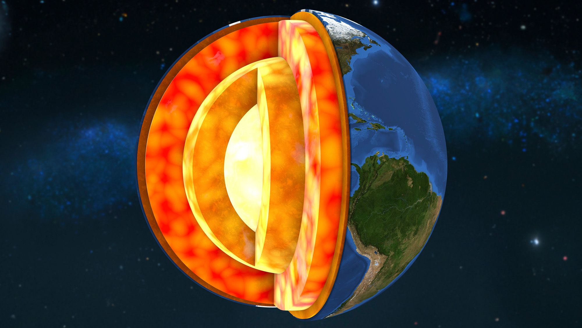An illustration of Earth with its inner layers exposed