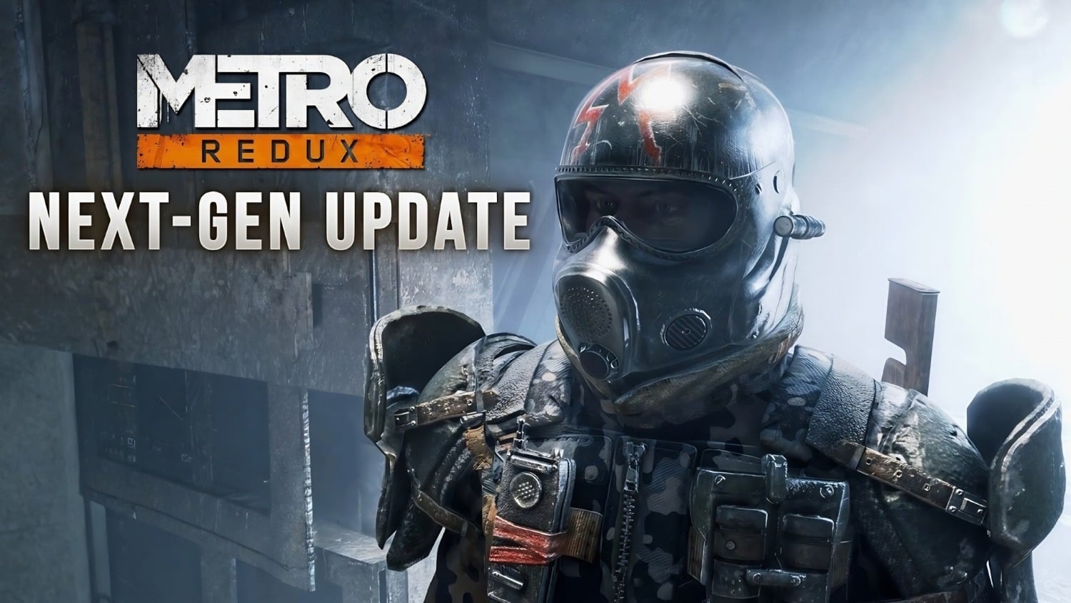 Metro Redux Next-Gen Update promotional artwork featuring a helmeted character in a gas mask