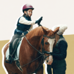 Child on a horse with instructor standing beside
