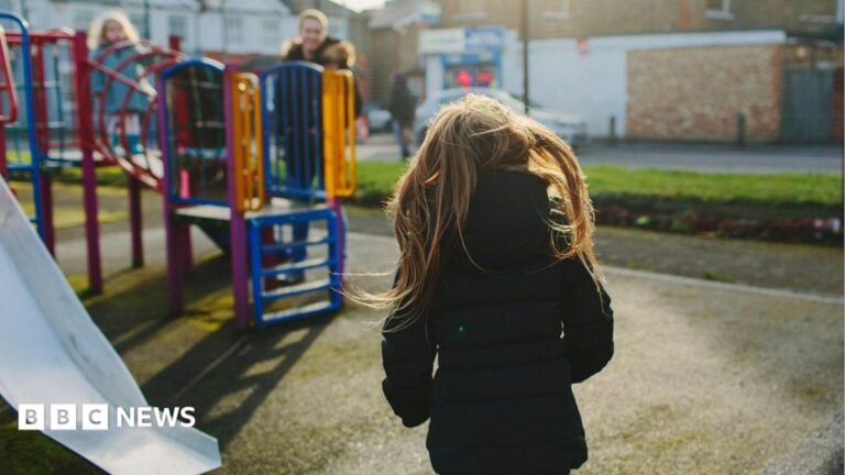 A stock image of a child in a playground. She is facing away form the camera and moving towards a climbing frame. She has a