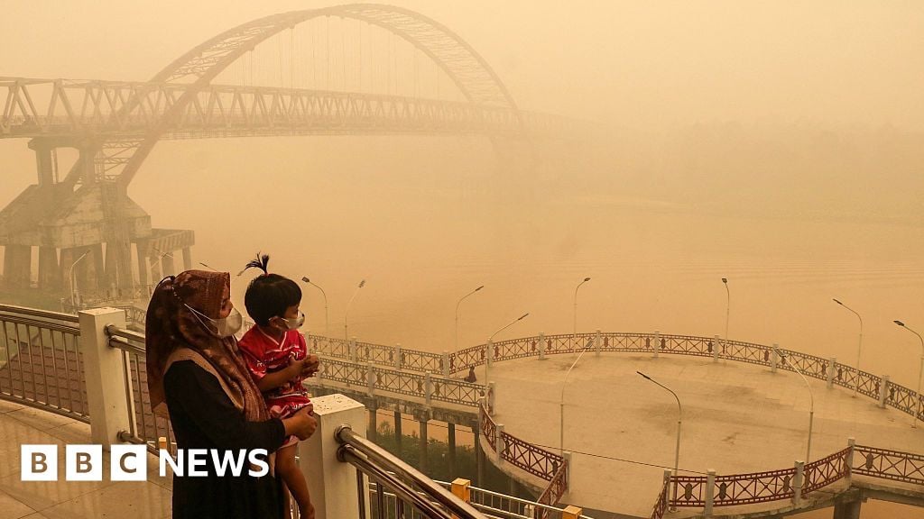 Mother and child wearing face masks look on from a bridge as thick haze from forest and land fires in the region in