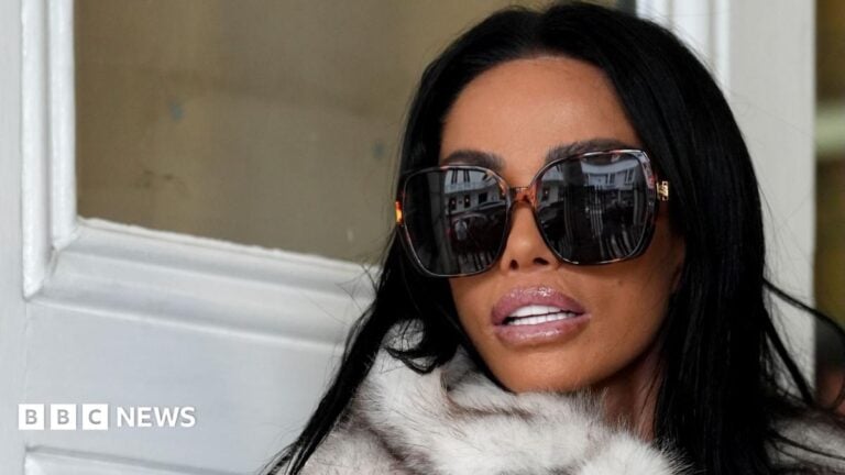 A close up of Katie Price arriving at Lewes Crown Court, she is wearing large dark sunglasses and looking over her shoulder