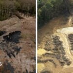 Two aerial images side by side. In the left picture there is a forest with a clearing which contains piles of rubbish, and