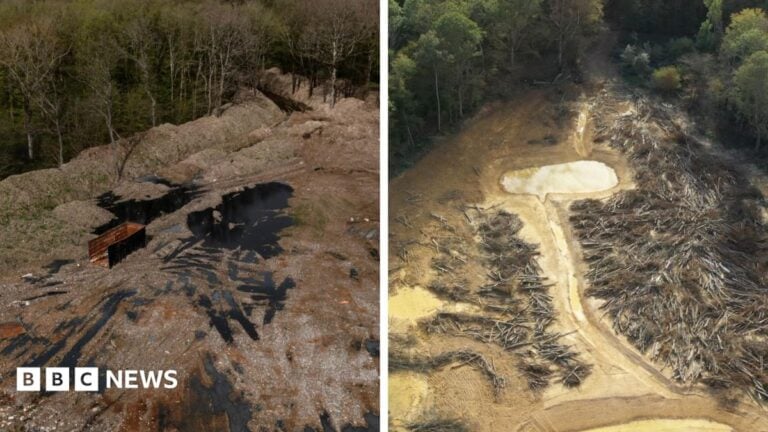 Two aerial images side by side. In the left picture there is a forest with a clearing which contains piles of rubbish, and