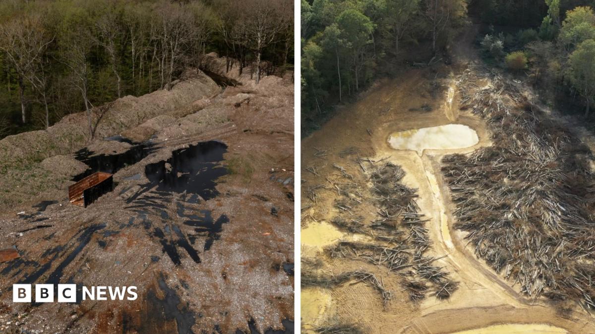 Two aerial images side by side. In the left picture there is a forest with a clearing which contains piles of rubbish, and