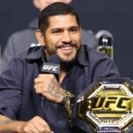 Alex Pereira on stage answering questions at UFC Freedom 250 press conference