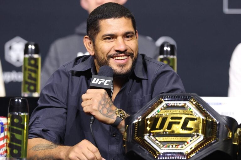 Alex Pereira on stage answering questions at UFC Freedom 250 press conference