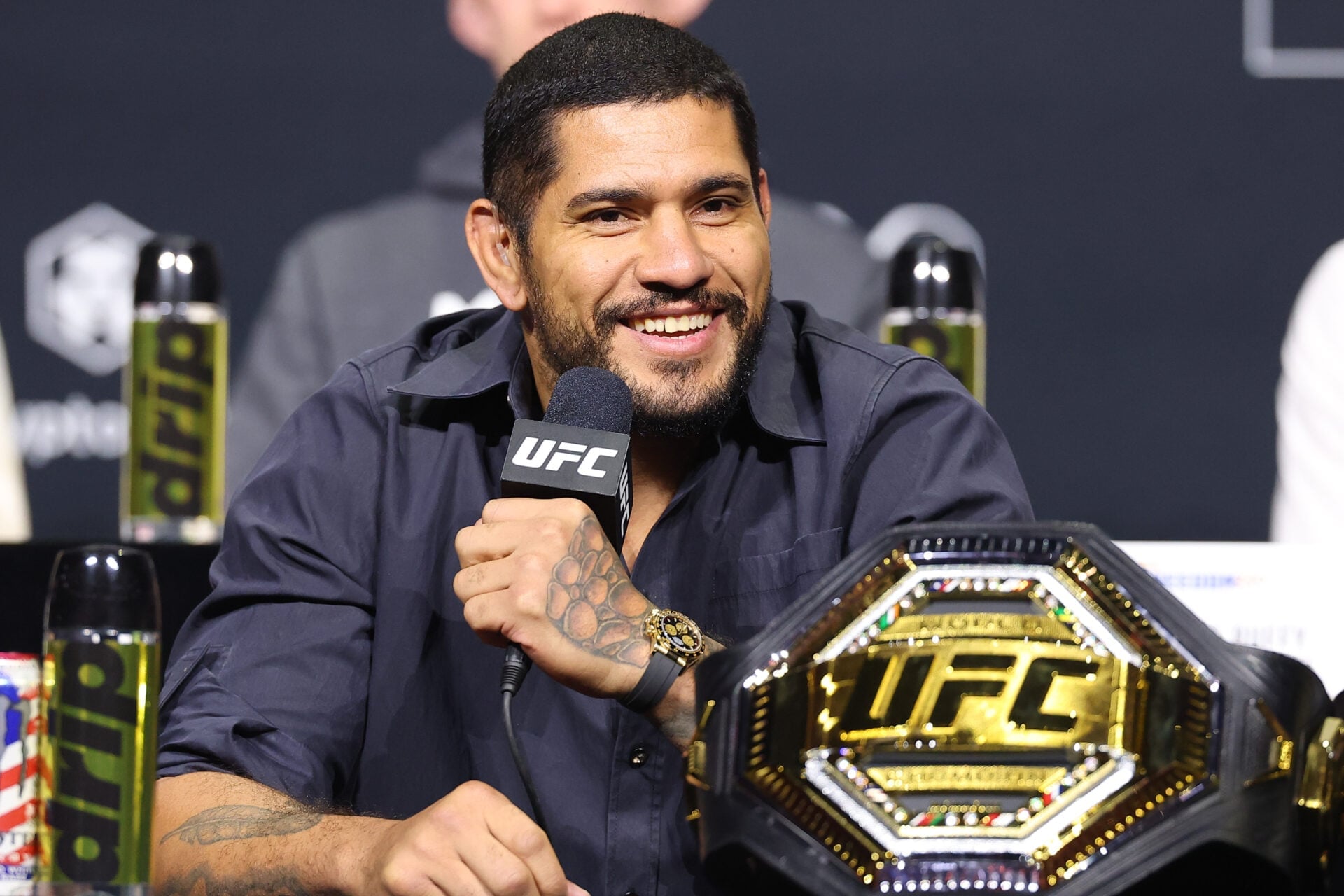 Alex Pereira on stage answering questions at UFC Freedom 250 press conference