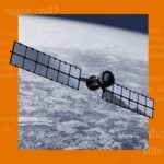 Collage of a photo of a Satellite over the earth, text, and an orange background