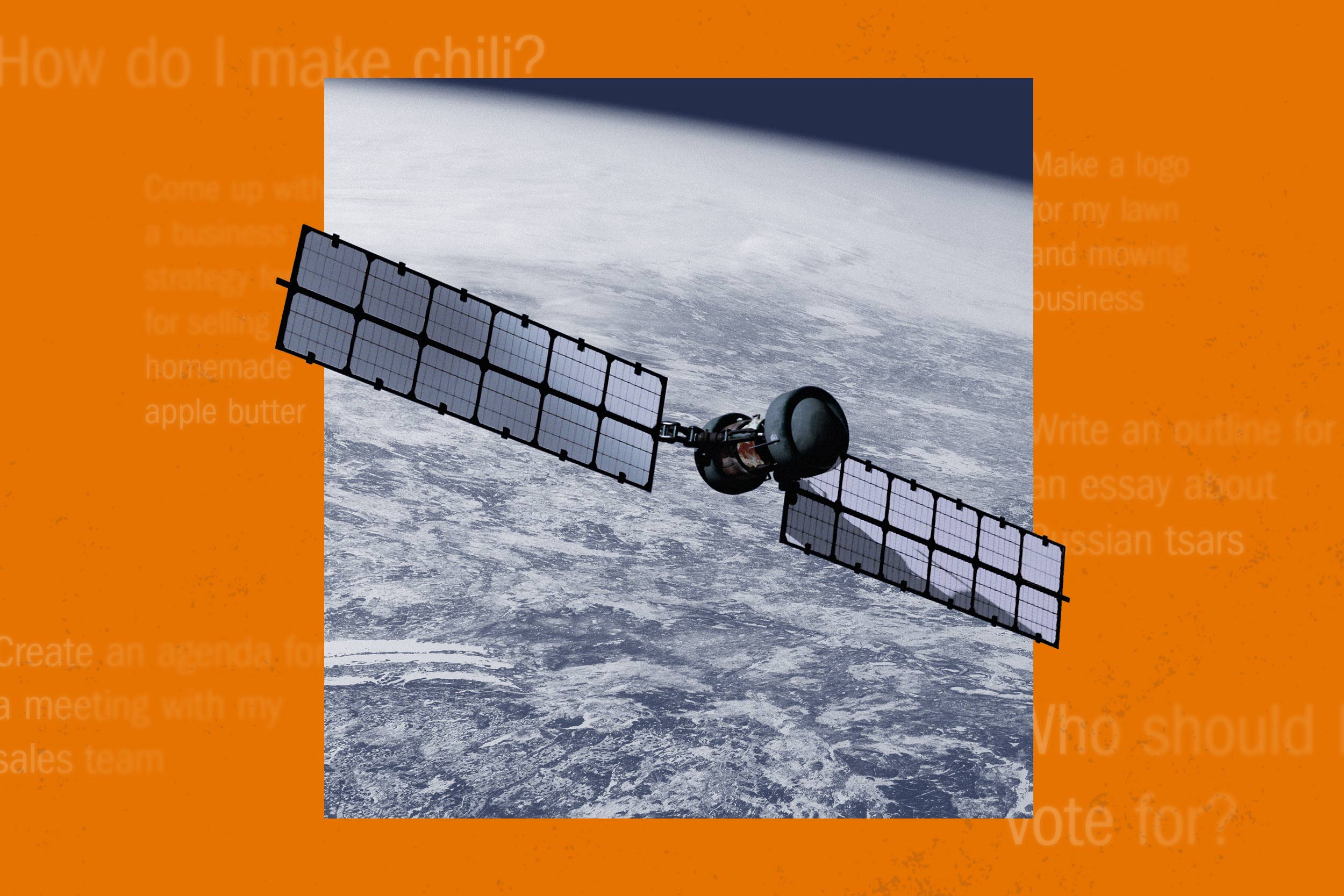Collage of a photo of a Satellite over the earth, text, and an orange background