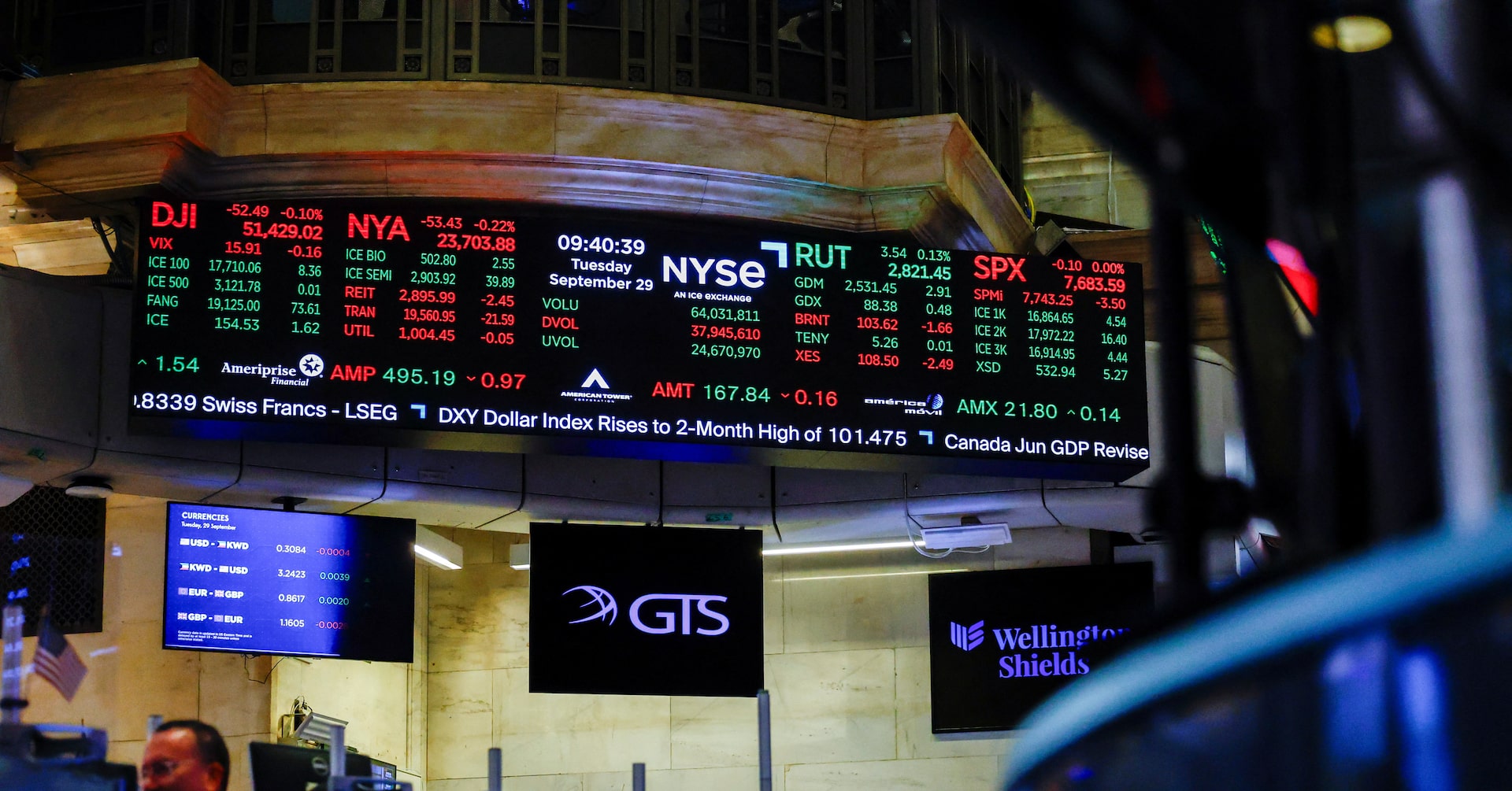 A screen displays stock market information after the opening bell at the New York Stock Exchange (NYSE) in New York City