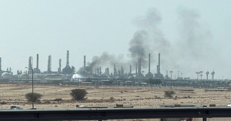 Smoke rises from a fire at the Aramco refinery south of Riyadh, Saudi Arabia, October 3, 2026. Picture taken with a mobile