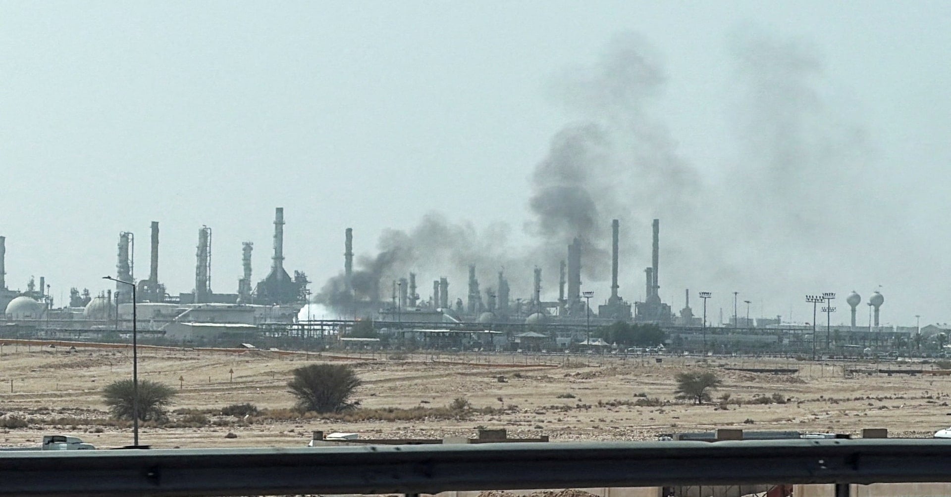 Smoke rises from a fire at the Aramco refinery south of Riyadh, Saudi Arabia, October 3, 2026. Picture taken with a mobile